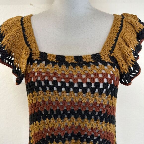 ZARA Womens Crochet Knit Dress Size Small Brown Black Midi Granny Chic - Picture 6 of 9